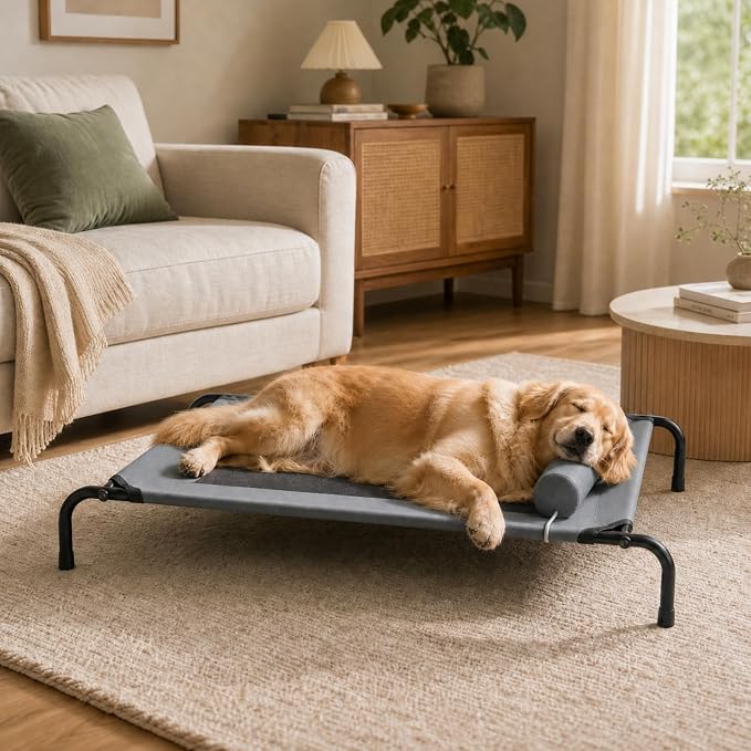 Outdoor Dogs Bed Elevated Dog Bed Large Cooling Raised Pet Cot Grey | Portable Raised Camping Dog Cot , Adjustable Headrest , Breathable Teslin Mesh,Indoor Pet Bed,42"x23.6"x6.3",Washable
