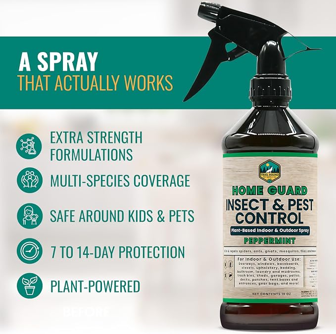 Home Guard Peppermint Insect & Pest Control Spray – Peppermint & Cedarwood Oil Deodorizer with Extended Protection – USA-Made, Safe for Kids & Pets – Kills & Repels Bugs – Indoor & Outdoor Use - 16oz
