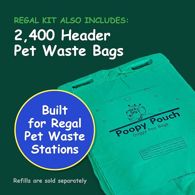 Regal Pet Waste Station - 8ft Green Steel Dog Waste Station - Includes a Dispenser (Holds up to 600 Single-Pull Poop Bags), a 10gal Trash Receptacle with Lid, and a 12"x18" Sign