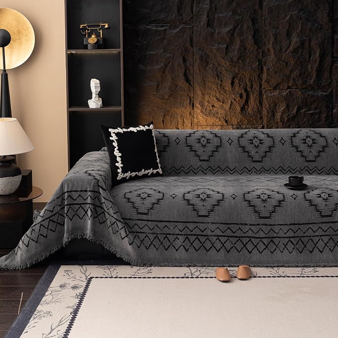 VClife Couch Cover Sofa Cover Washable Sofa Protector, Non Slip Couch Covers for 3 Cushion Couch Sofa Modern Tribal Pattern Sofa Slipcover Dog Furniture Protector, Soft Chenille, Dark Gray, 71"X134"