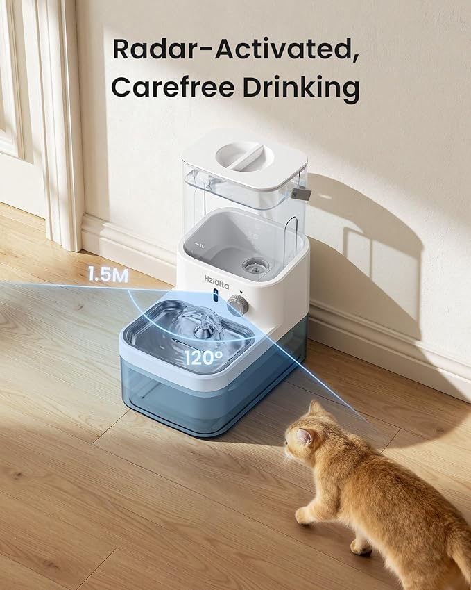 Cat Water Fountain with Radar Sensing, Stainless Steel Pet Water Fountain with 3L Clean Water Tank & 2.7 L Wastewater Tank, Wireless Cat Fountains for Drinking, No Filters, 30db Low Noise