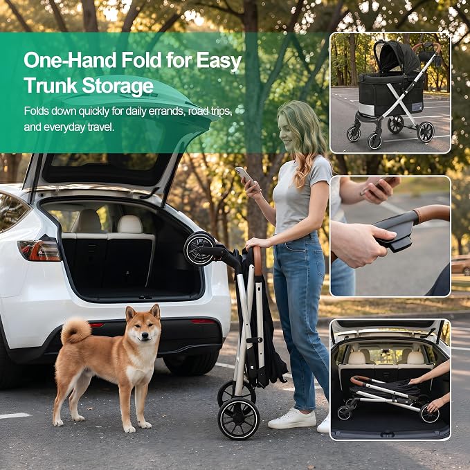 JWX Premium Pet Stroller for Small to Medium Dogs, Cats & Small Pets, One-Hand Fold Travel System, 77 lbs Capacity, All-Season Comfort Liner, Aluminum Frame, Front & Rear Entry