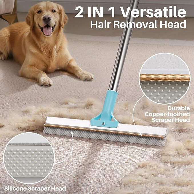 JOYMOOP Carpet Rake for Pet Hair Removal, 63" Adjustable Long Handle Pet Hair Remover, Reusable Cat Dog Hair Carpet Rake with Metal and Silicone Scraper for Rug, Sofa, Cloth