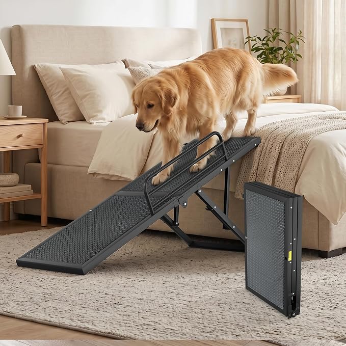 Dog Ramp for Bed,Couch,Car, 5-Level Adjustable Foldable Pet Ramp | With Non-Slip Rubber Surface & Safety Side Rail, Adjustable Height 16"-23.6", For Small & Medium Dogs, Supports Up to 200 lbs