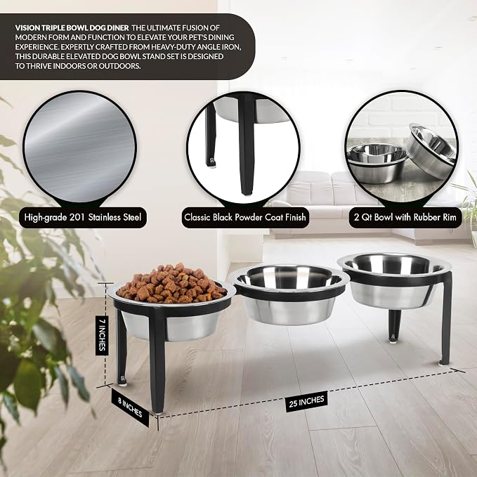 Vision Triple Diner - 3 Bowl Dog Feeder - Medium to Large Dogs - Multi-Dog Feeding Station - Furniture Grade Steel - UV Weather Resistant - No Noise - Indoor/Outdoor - 7" Tall