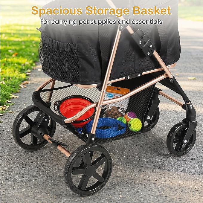 PETSITE 3-in-1 Pet Stroller for Small Medium Dogs, One-Click Foldable Dog Stroller with Detachable Carrier, Cup Holder & Storage Basket, Safety Leash, One-Step Rear Brake, Breathable Window (Black)
