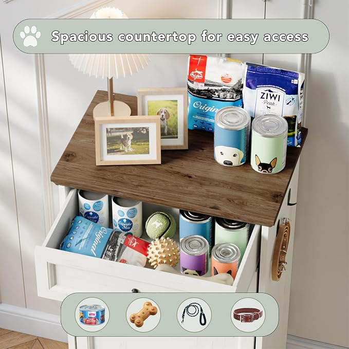 FIMELLO 21 ''WX 13''DX39''H Dog Feeding Station with 2 Feeding Bowls, Tilt-Out Dog Food Storage Cabinet with Drawer,Pet Feeder Cabinet,White Grain
