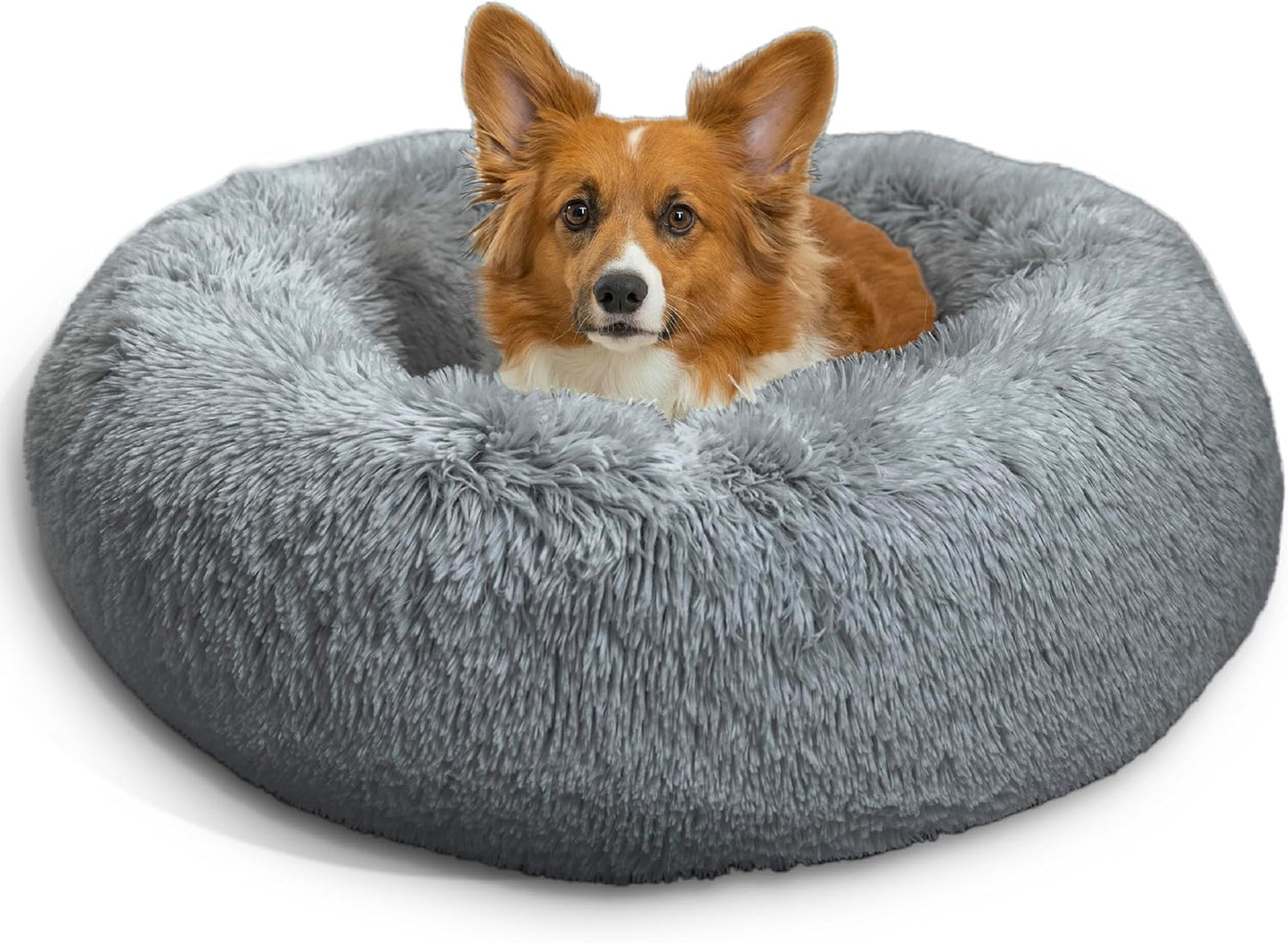 Best Friends by Sheri Original Calming Donut Dog and Cat Bed, Shag Faux Fur, Gray, (23in x 23in) - Anxiety Relief for Pets Up to 25 lbs