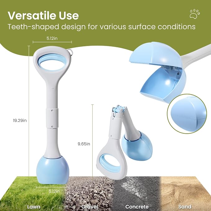 Dog Pooper Scooper Portable with Bag Attachment, One Handed Foldable Design, Includes 120 Waste Bags and Dispenser, 19 Inch Handle for Grass Yard Gravel Cleanup (Blue)