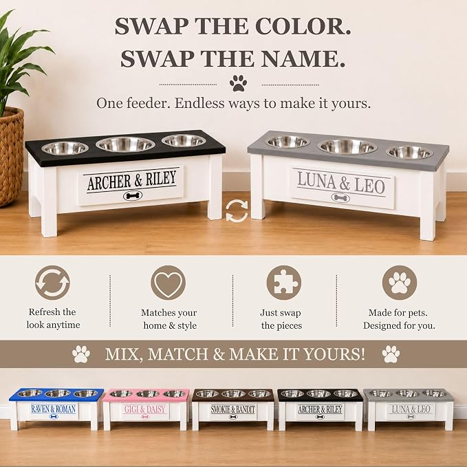 3 Bowl Dog Feeding Station, Personalized Triple Bowl Food Stand Large Dogs | Farmhouse Style, Elevated Wood Stand, Storage Container, Stainless Steel Bowls, Raised Feeder, Large Breed, Made in USA