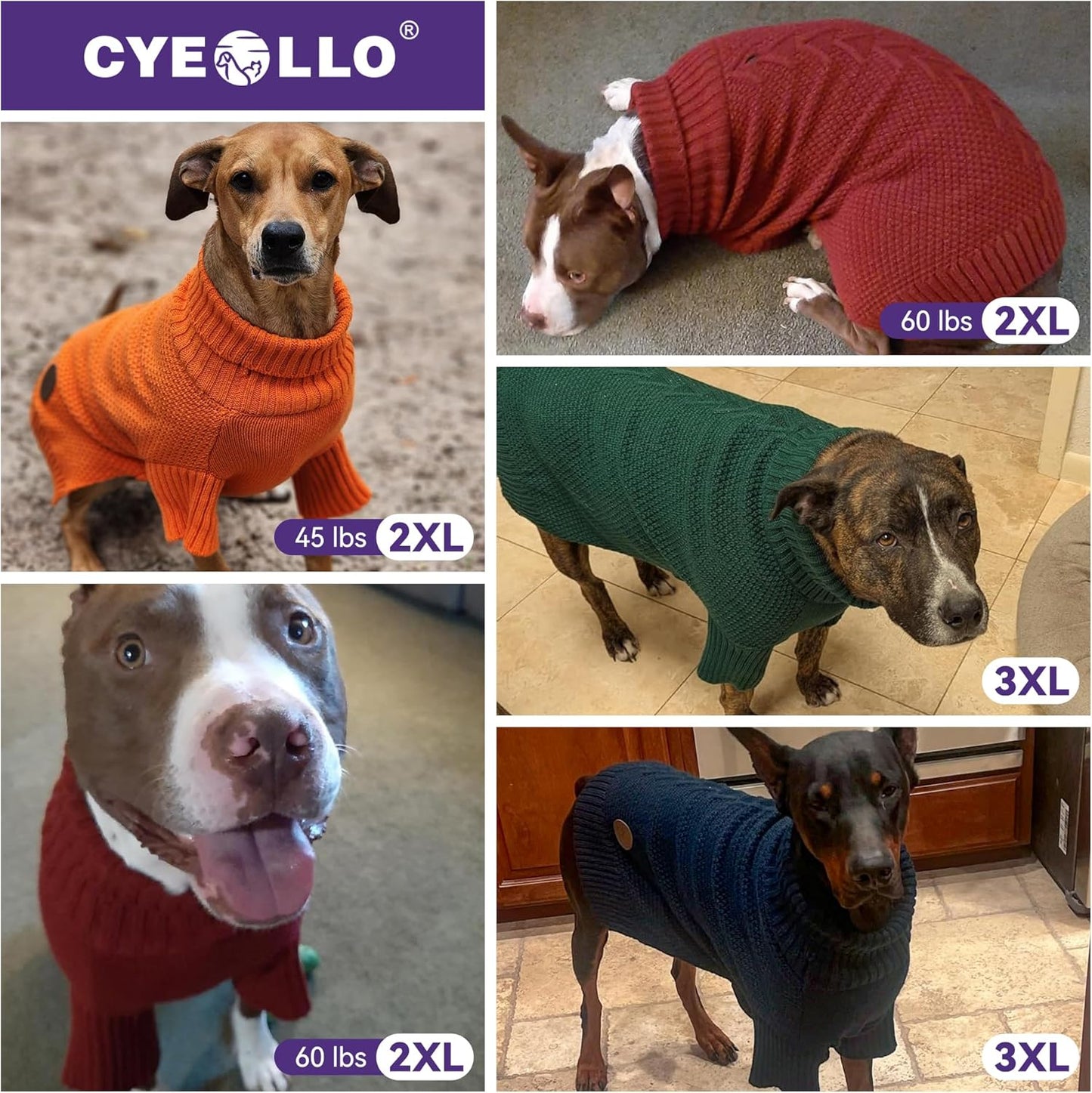 cyeollo 2XL Dog Sweater, Warm Stretchy Sweaters for Large Dogs Boy, Pullover Knitted Thermal Winter Big Dog Clothes with Sleeves, Turtleneck Pet Beagle Border Collie Apparel, Blue XXL