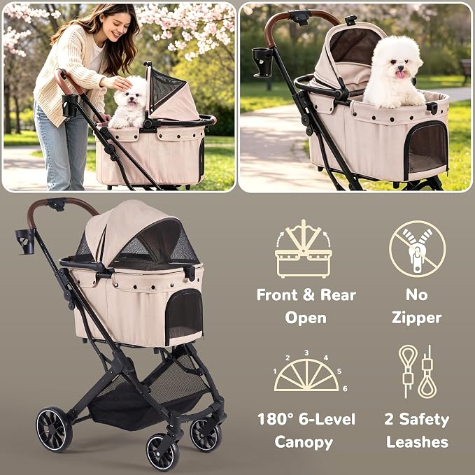 Dog Stroller for Small to Medium Dogs with Detachable Carrier, Beige | 3-in-1 Pet Stroller, Dual-layer UV-Resistant Waterproof Canopy with Breathable Mesh, All-Terrain PU Wheels with Suspension