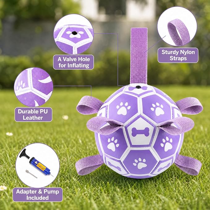 Dog Toys Balls, Dog Soccer Ball with Straps, Dog Birthday Gifts, Durable Balls for Small Medium Pet, Puppy Outdoor Toy, Pet Training Soccer Ball, World Cup Soccer (6 Inch) (Purple, Medium)