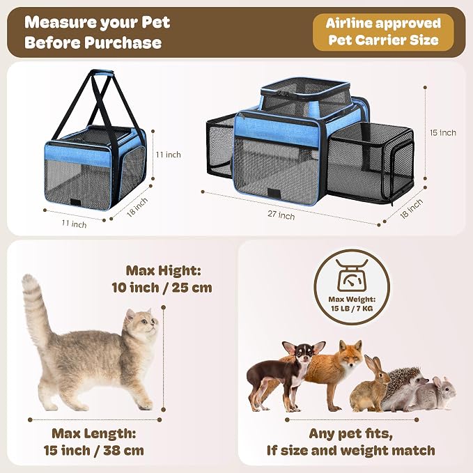 Top and 2 Sides Expandable Cat Carrier 18x11x11, TSA Airline Approved Dog Carriers for Small Dogs, Soft-Sided Pet Carrier with Self-Locking Zippers for Kitten,Rabbit, Puppy, Blue