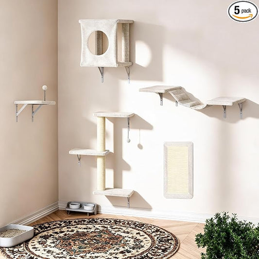 5 Pcs Cat Wall Shelves Set, Wall-Mounted Climber with Cat House, Scratching Post, Bridge, Hammock, Space-Saving Play Furniture, White