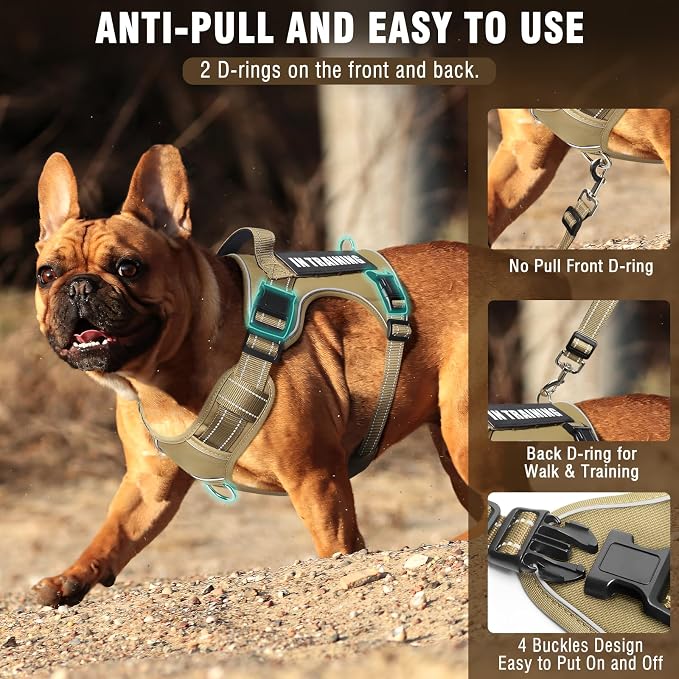 Tactical Dog Harness and Leash Set Medium Sized Dog+10 Dog Patches | Adjustable No Pull Service Animal Dog Vest with Dog Seat Belt,Padded Handles,Reflective Easy Walk for Training Hiking Brown M