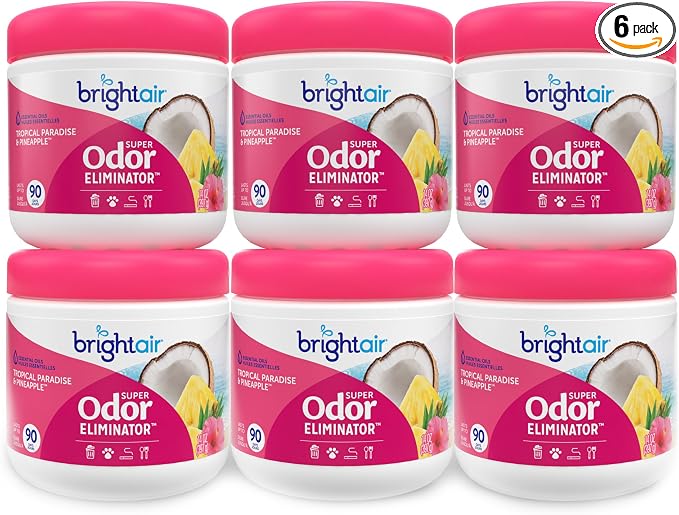 Bright Air 14 oz. Super Odor Eliminator, For Medium-Size Spaces, Tropical Paradise & Pineapple Scent, Case of 6, Air Freshener, Natural Essential Oils, Lasts Up to 90 Days Each