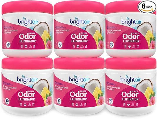 Bright Air 14 oz. Super Odor Eliminator, For Medium-Size Spaces, Tropical Paradise & Pineapple Scent, Case of 6, Air Freshener, Natural Essential Oils, Lasts Up to 90 Days Each