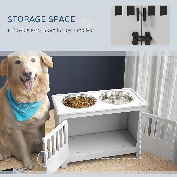 PawHut Large Elevated Dog Bowls with Storage Cabinet - 37L Capacity, Raised Dog Bowl Stand Feeding Station, White | Raised Dog Bowl Stand Pet Food Bowl Dog Feeding Station