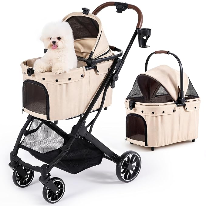 Dog Stroller for Small to Medium Dogs with Detachable Carrier, Beige | 3-in-1 Pet Stroller, Dual-layer UV-Resistant Waterproof Canopy with Breathable Mesh, All-Terrain PU Wheels with Suspension