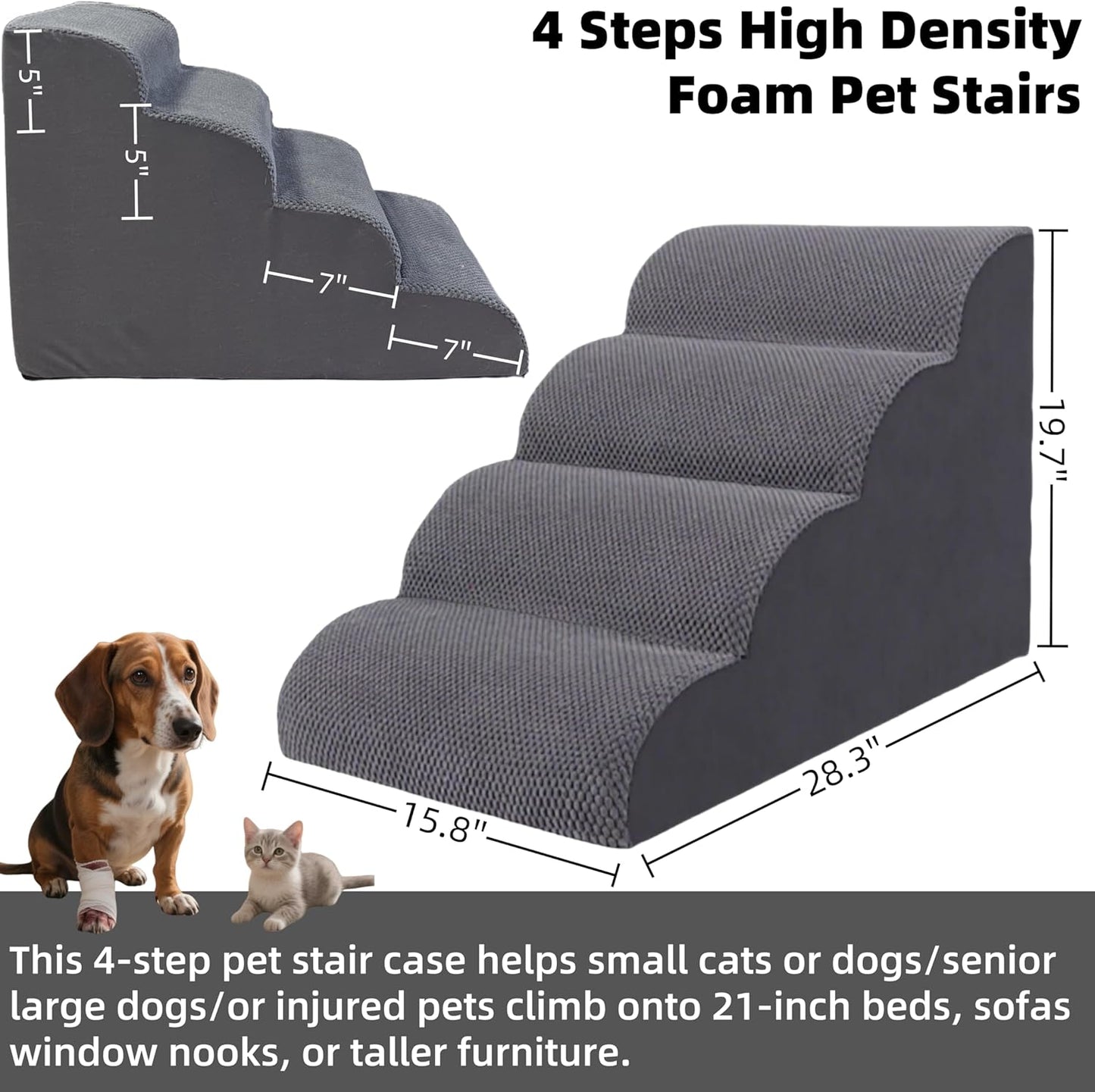 4 Step Pet Stairs Ramp for High Beds Sofas 18-24 Inch with Sturdy Non Slip Waterproof Pads, Machine Washable Cover Indoor Balanced Design for Cats Dogs Small Medium Large XL Pets Grey