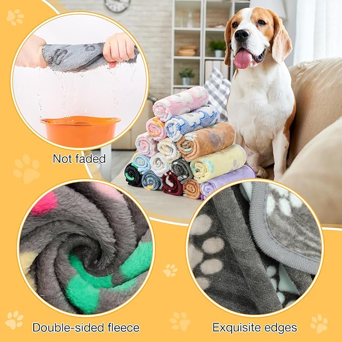Chumia 18 Pcs Fleece Pet Blanket Soft Warm Sleep Mat Fluffy Cute Puppy Supplies Paw Bone Star Elephant Dot Heart Print Design Bed Blankets for Dog Cat Kitten Animals(30 x 20 Inch,Cute)