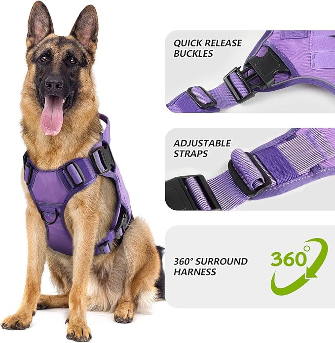 WINGOIN Purple Tactical Dog Harness for Large Dogs,No Pull Dog Harness | with Handle,Adjustable Reflective,Military K9 Style,Big Size Dog Vest,for German Shepherd,for Walking Training Hunting