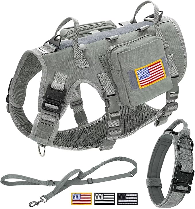Forestpaw Tactical Dog Harness Collar Bungee Leash Set,S,Gray | Adjustable Fits 17-25" Chest,20-35 lbs,No Pull Control Military Style,Quick Release Buckle,Walking for Medium Dogs