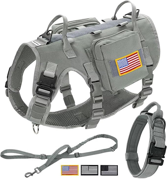Forestpaw Tactical Dog Harness Collar Bungee Leash Set,S,Gray | Adjustable Fits 17-25" Chest,20-35 lbs,No Pull Control Military Style,Quick Release Buckle,Walking for Medium Dogs