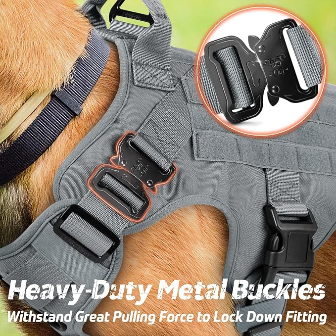 rabbitgoo Tactical Dog Harness for Large, Heavy Duty Military No Pull Vest | Sturdy Metal Buckles, 5 Adjustments, Molle System, Powerful Pullers for Training, Hunting, Outdoor, Grey, Large