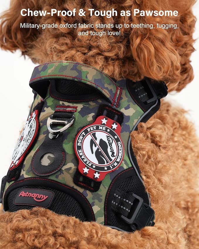 Petnanny Tactical Dog Harness No Pull Service Dog Vest M Jungle Camo | Tactical Dog Vest with breathable mesh & hook loop panel, no pull harness for walking training, adjustable fit