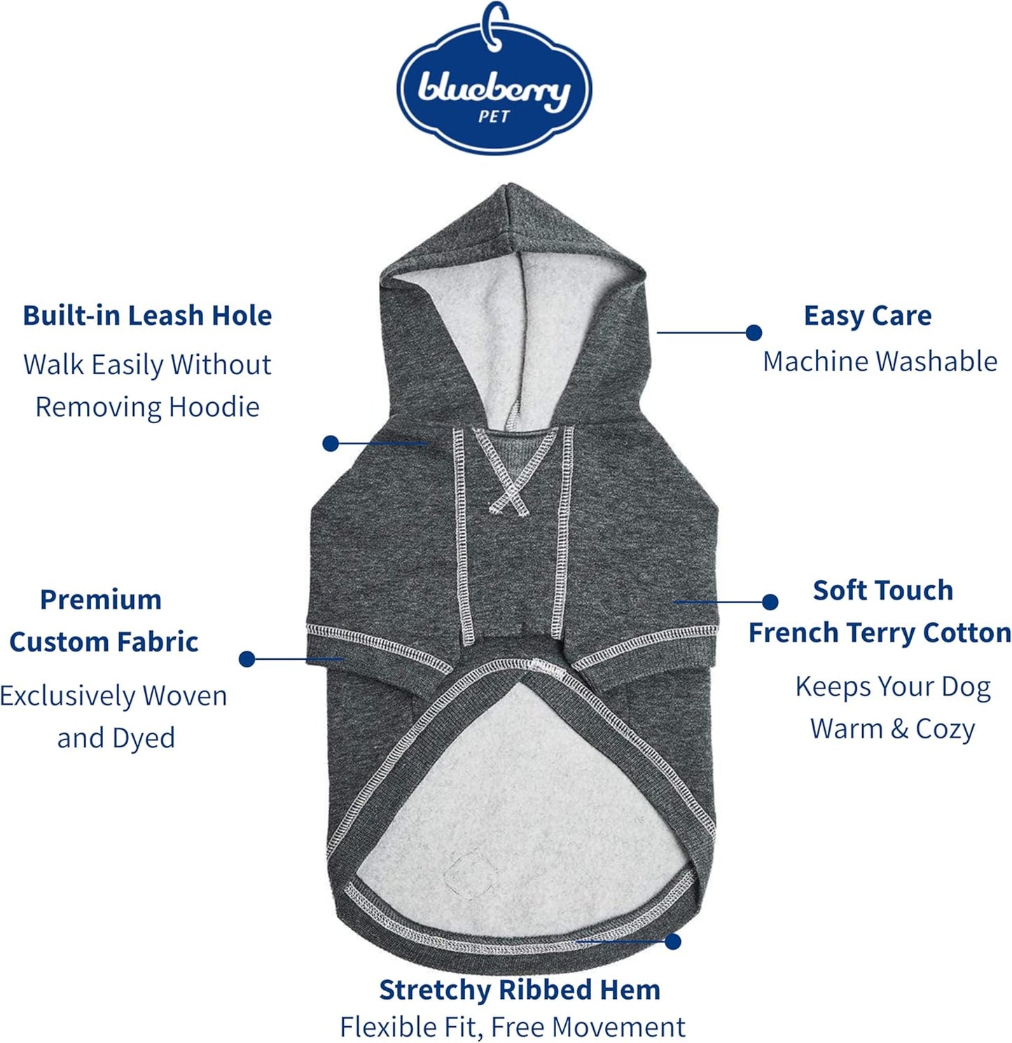 Blueberry Pet Essentials Soft & Comfy Better Basic Cotton Blend Dog Hoodie Sweatshirt in Charcoal Grey, Back Length 18", Pack of 1 Jacket for Dogs