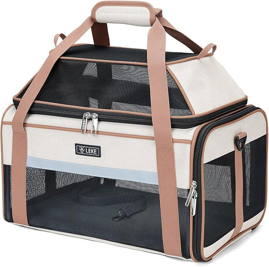 Lekereise Top-Expandable Pet Carrier 17x11x9.5 Inch Alaska Hawaiian Airline Approved Soft Sided Underseat to 12lbs Travel Carriers for Small Dogs and Cats with Locking Safety Zippers Anti-Scratch Mesh
