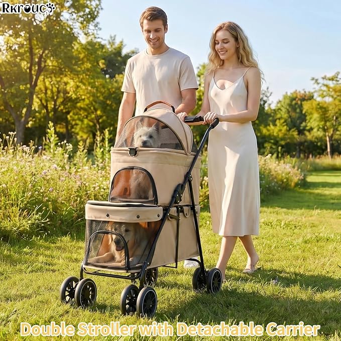 Foldable Double Pets Stroller for Dog Portable Cat Strollers for Small Medium Pet with One Detachable Carrier Flexible Lockable Wheels Lightweight Dogs Jogger (Khaki)