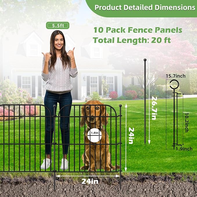 10 Panels No Dig Decorative Garden Fence with Gate, 24 in(H) x 20 ft(L) Rustproof Metal Wire Fencing Border for Yard Outdoor Decor, Temporary Animal Barrier with Stakes for Small Pets