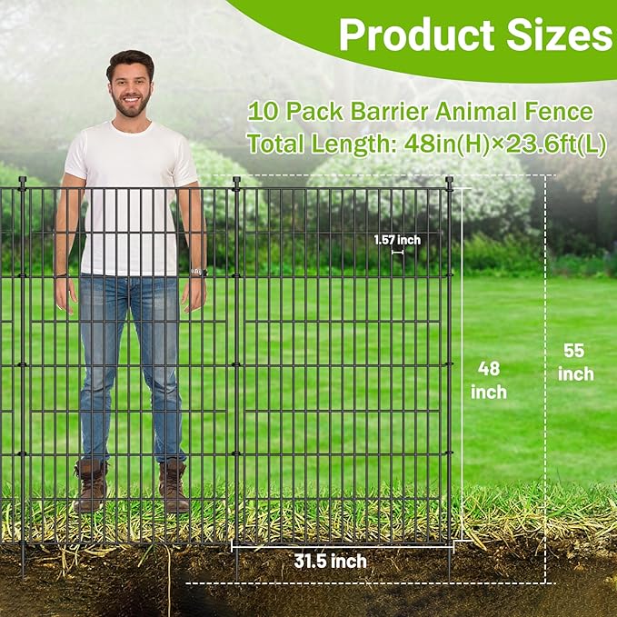 10 Panels No Dig Decorative Outdoor Garden Fence with Gate for Yard, 48 in(H) X 26.25ft(L) Animal Barrier Fencing Rustproof Metal Wire Panel Border for Dog, Rabbits, and Patio Temporary Ground Stakes