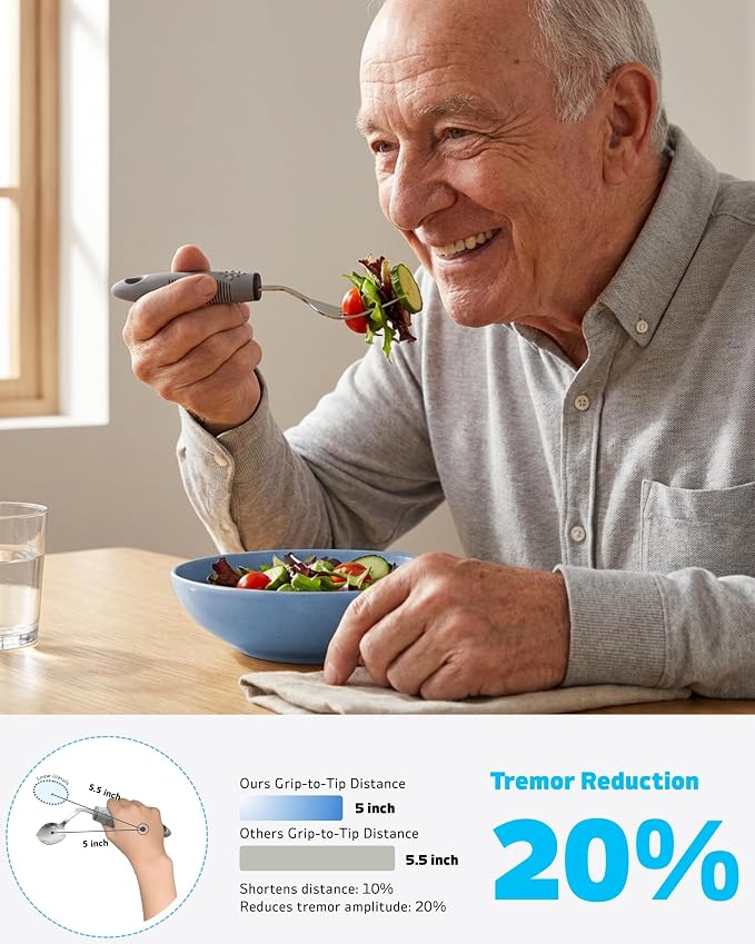 4-Piece Adaptive Utensils Set with Rocker Knife & Shovel Spoon - 42° Angled Parkinsons Utensils, 2.5 oz Weighted Silverware for Hand Tremors and Arthritis, Adaptive Eating Utensils (Grey Right-handed)