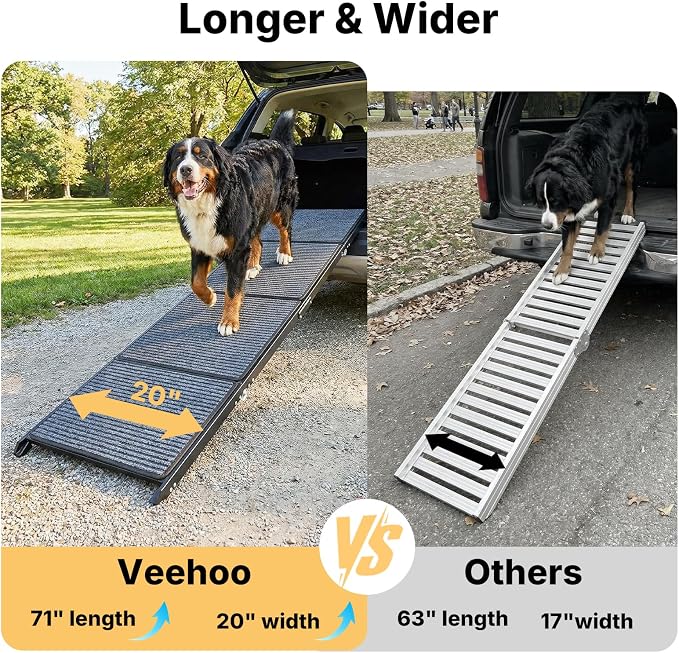 Veehoo Foldable Dog Ramp for Car Truck SUV Extra Large Wide 71" L 20" W | Outdoor Dog Ramp Heavy Duty for Pickup Trucks Minivan Portable Metal Pet Ramps for Injured Senior Dogs, Support up to 150lbs