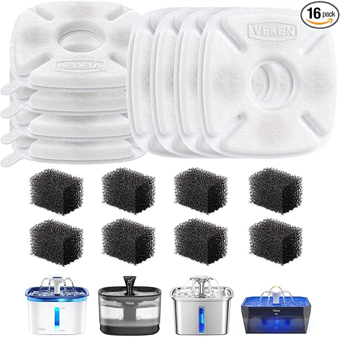 Veken Cat Water Fountain Filter, Classic 8 Pack Replacement Filters & 8 Pack Replacement Pre-Filter Sponges for 50oz, 84oz, 95oz or 108oz Automatic Pet Fountain Dog Water Dispenser
