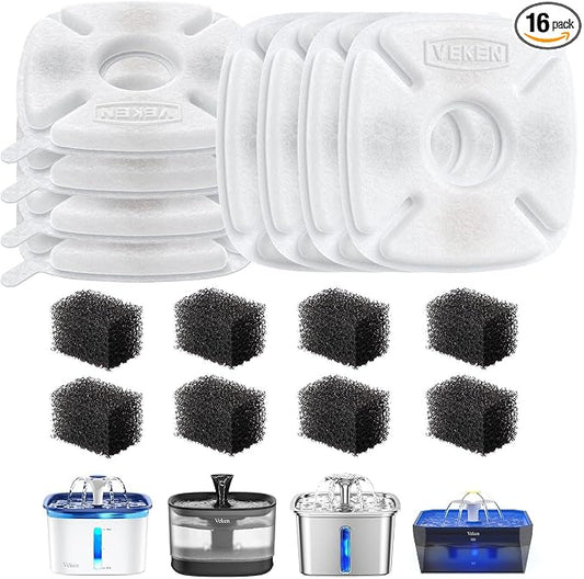 Veken Cat Water Fountain Filter, Classic 8 Pack Replacement Filters & 8 Pack Replacement Pre-Filter Sponges for 50oz, 84oz, 95oz or 108oz Automatic Pet Fountain Dog Water Dispenser