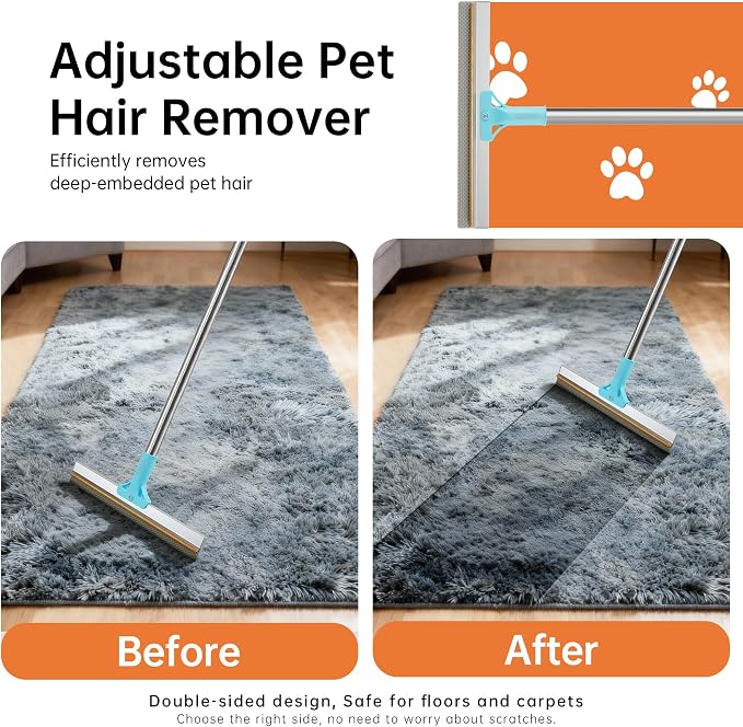 Carpet Rake for Pet Hair Removal Tool, 2 in 1 TPU and Copper Rake Teeth Uproot Clean Hair Remover with 63’’ Adjustable Long Handle,Cat & Dog for Carpets,Rugs, Mats (63’’ Long Handle+1 Short Handle)