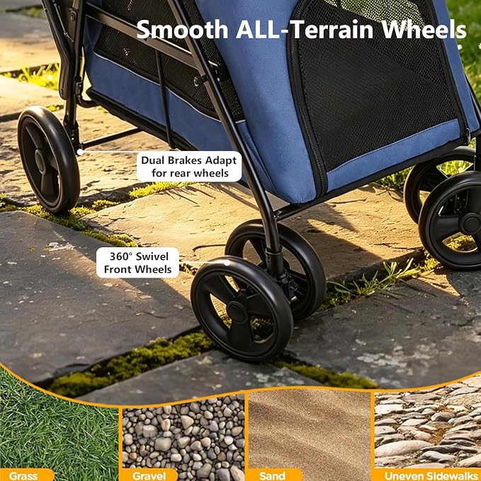 Dog Stroller for Large & Medium Dogs, Foldable Pet Stroller for 2 Small Dogs Up to 66lbs, with All-Terrain Wheels, Breathable Mesh Ventilation & Storage Pocket (Blue)