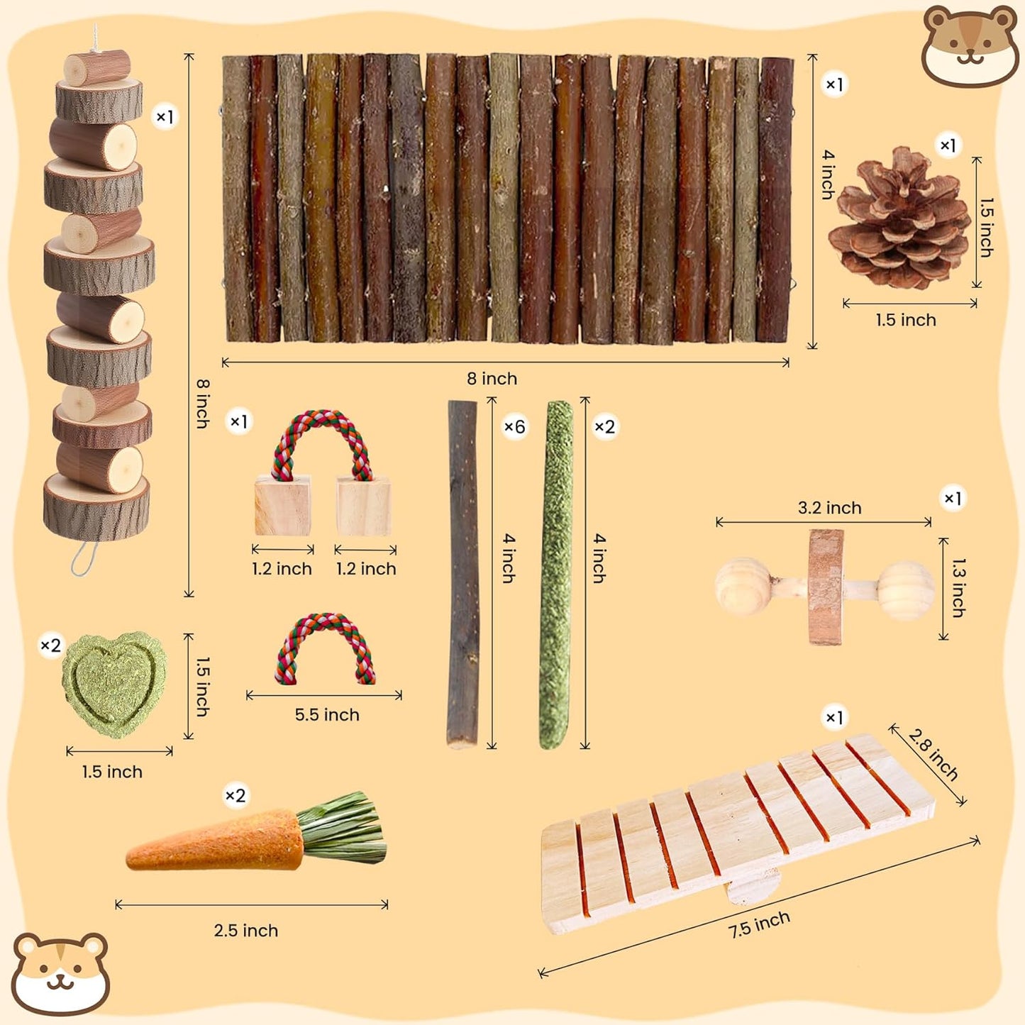 18 PCS Hamster Chew Toys Set, Natural Apple Wood Guinea Pig Toys, Hamster Cage Accessories Include Bridge, Seesaw, Carrot, Timothy Straw Stick Dental Care for Rat Gerbil Chinchilla Rabbits