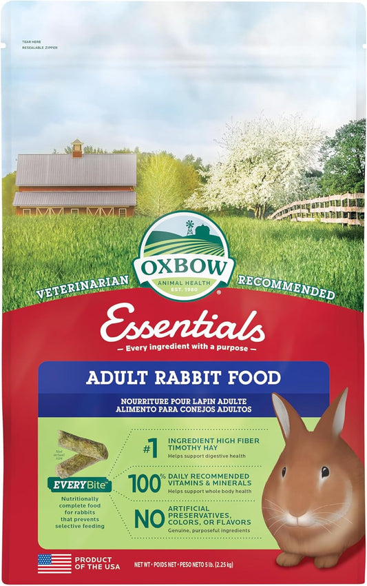 Oxbow Essentials Rabbit Food, Adult Rabbit, Made with Oxbow Timothy Hay, Pet Pellets with Vitamins & Minerals, Small Animal Pet Products, Bunny Supplies, Made in USA, Bunny Food, 5 lb