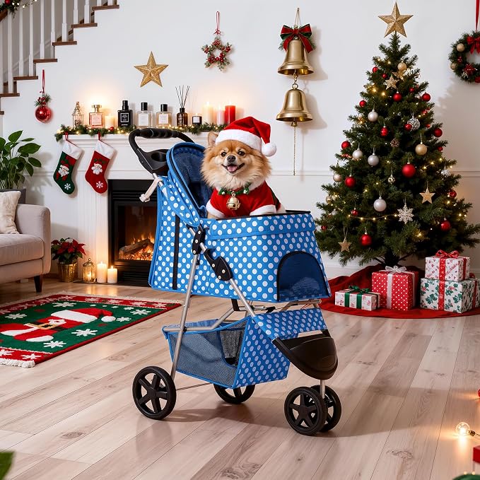 MoNiBloom 3 Wheels Pet Dog Cat Stroller for Small Medium Dogs Cats, Foldable Jogger Stroller w/Storage Basket and Cup Holder, Sky Blue Polka Dots
