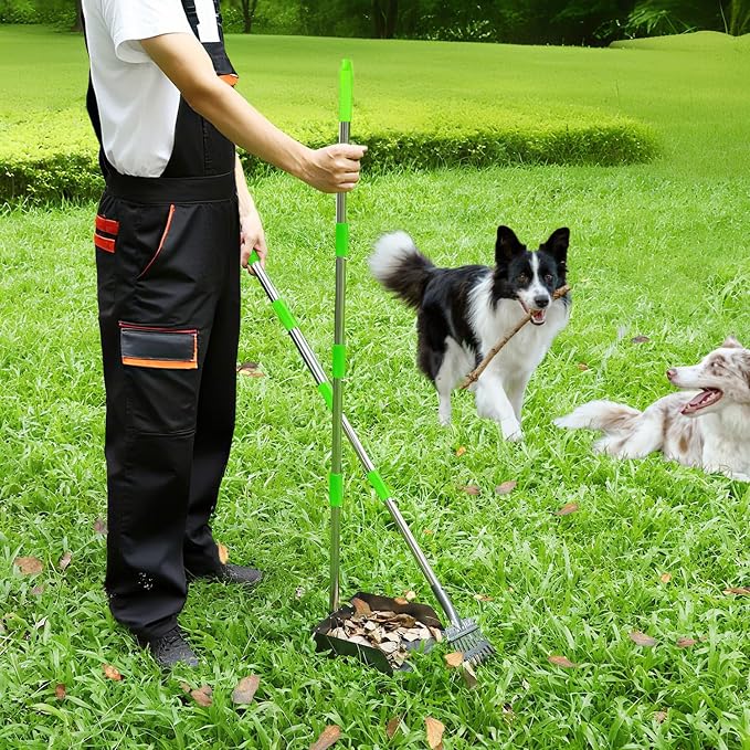 T2Y Pooper Scooper Extra Long Handle, Rake+Tray+Spade Set | 48" Tall No-Bend | 9.4'' Large Tray | Stainless Steel | Adjustable | Works on Grass, Gravel & Dirt | Easy to Install