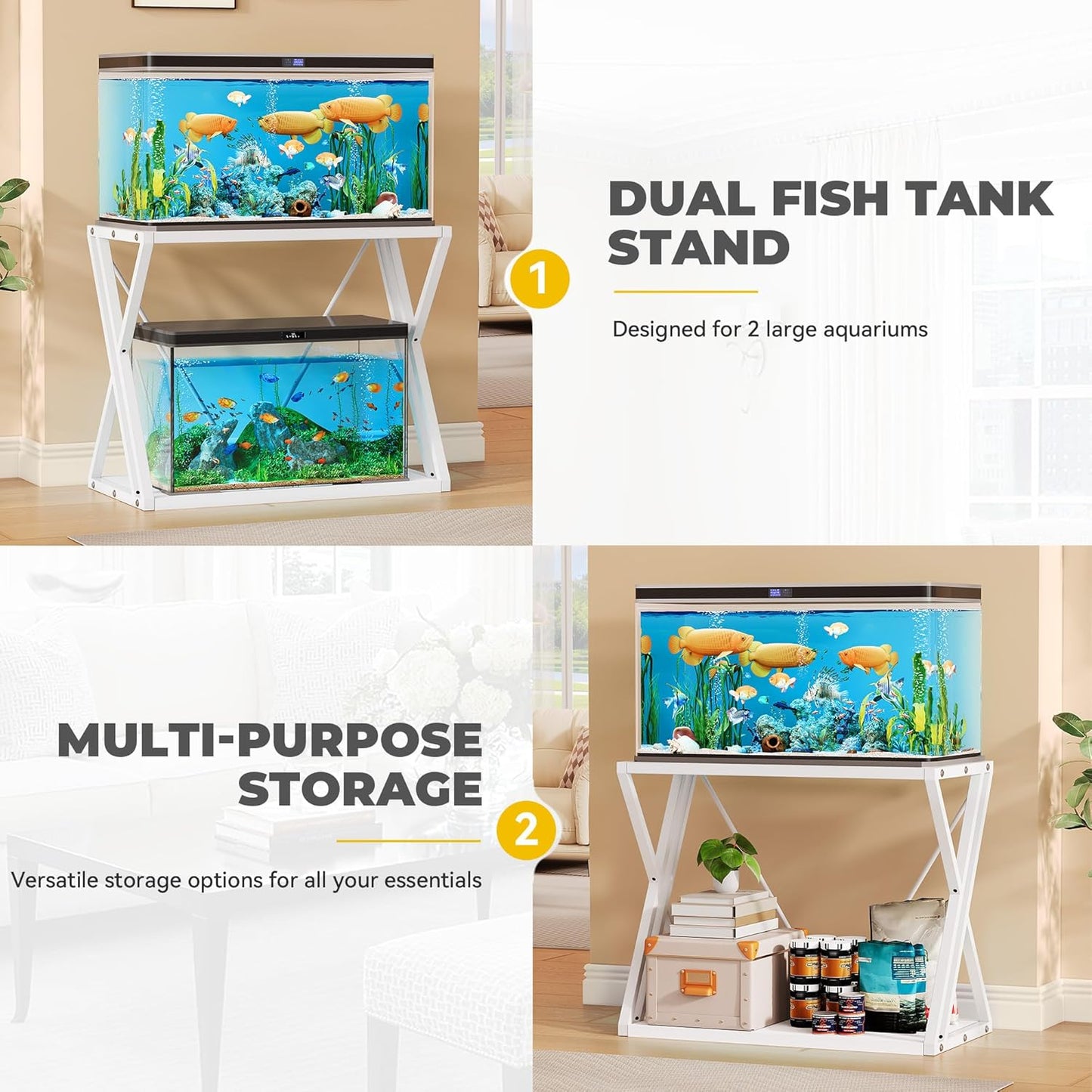 YITAHOME 10-40 Gallon Fish Tank Stand, Double-Layer Metal Aquarium Stand for Reptile Turtle Terrarium Breeder, White