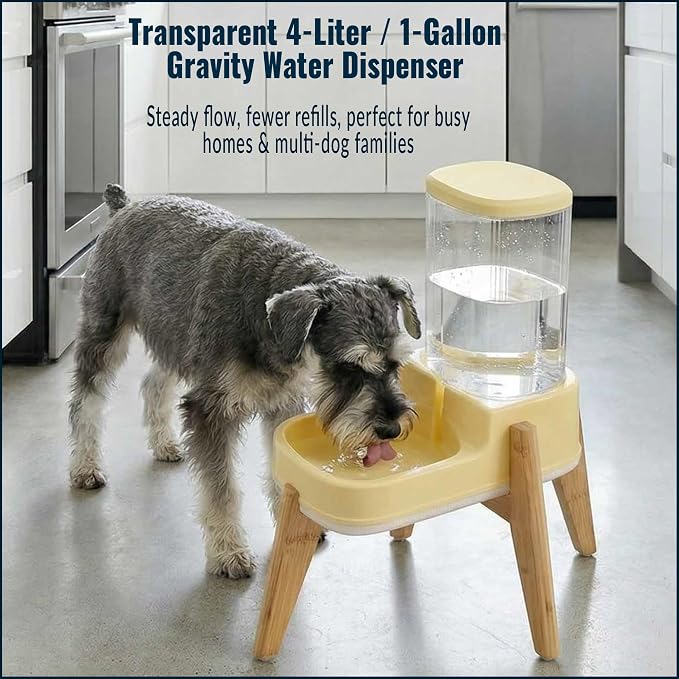 Elevated Dog Water Dispenser with Bamboo Stand for Medium Large Dogs, 4L 1 Gallon Gravity Dog Water Bowl Dispenser, Raised Automatic Dog Water Station, Custom Fit Non Slip Anti Tip Stand