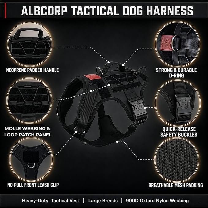 Tactical Dog Harness – No-Pull Military K9 Vest, MOLLE System, Front Clip & Padded Handle – Working Dog Vest for Training, Hunting, Camping & German Shepherd - Black, Extra Large