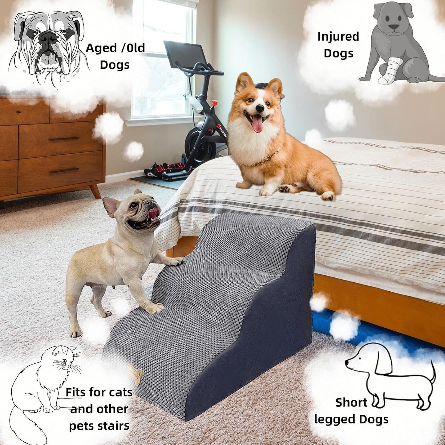 3-Step Dog Stairs for High Beds & Couches Multi-Step Non-Slip Pet Steps with Balanced Ramp Indoor 2 3 4 5 Step Stairs for Small to Large Dogs and Cats Non-Slip Stickers 30D Grey